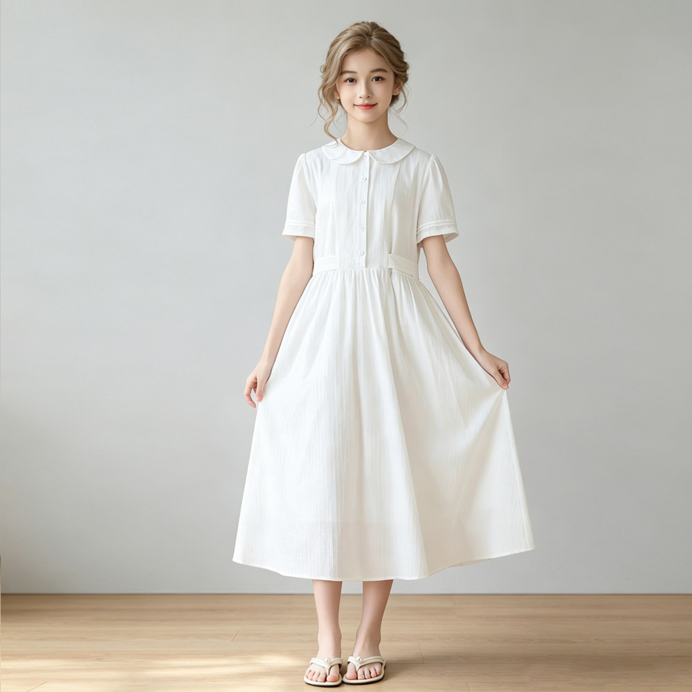 公主裙女童夏装纯棉提花白色连衣裙大童比赛毕业演出礼服长裙短袖