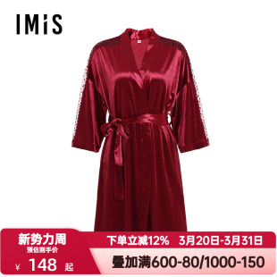 爱美丽春秋季睡衣女士红色本命年丝绒轻薄蕾丝七分袖睡袍IM48BPL1