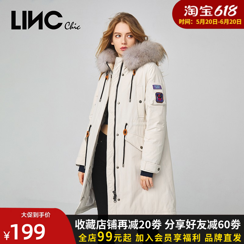 LINC金羽杰羽绒服女中长款清仓特价冬季真毛领时髦感派克服外套