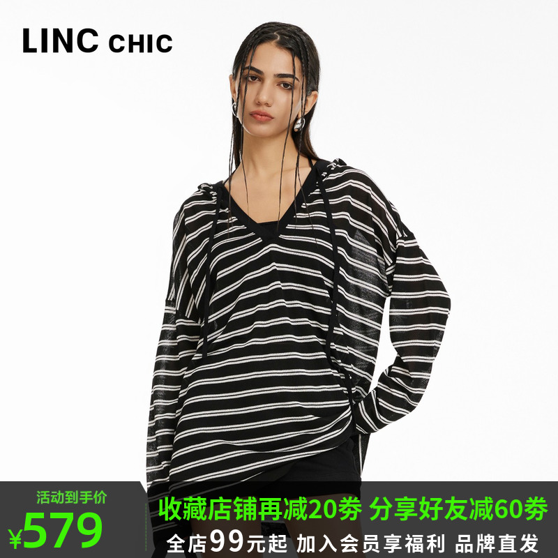 LINCCHIC金羽杰2024年夏季新品薄透连帽条纹针织衫女S242SW448Y-封面