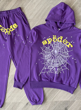 Sp5der 555555 Hoodies 经典蜘蛛网印花紫色休闲连帽卫衣长裤套装