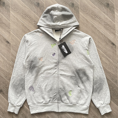 Hellstar Studios Zip Up Hoodie 拉链做旧刺绣涂鸦纯棉连帽卫衣