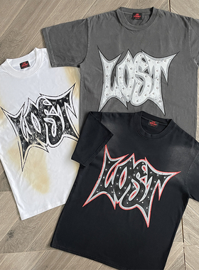 Lost intricacy 洗水简约烫钻印花纯棉短袖T恤