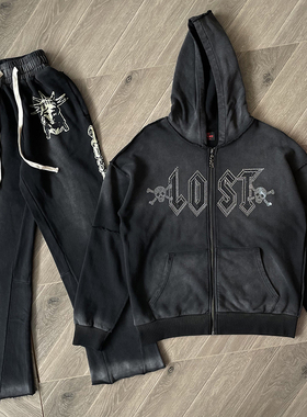 Lost intricacy Zip Up Hoodie镶钻洗水拉链卫衣长裤