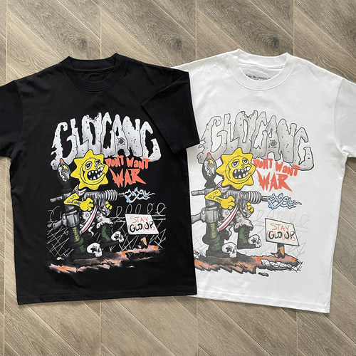 Glo Gang Boyz Worldwide Tee卡通机枪太阳人像印花短袖T恤