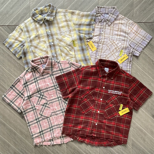 That's A Awful Lot of Cough Syrup复古毛边做旧格子衬衫短袖