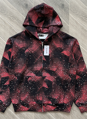 Sp5der worldwide 555555 复古红黑格子烫钻连帽卫衣