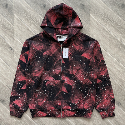 Sp5der worldwide 555555 复古红黑格子烫钻连帽卫衣
