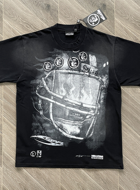 Hellstar Studios Gel Sport Logo tee火焰头盔印花黑色纯棉T恤