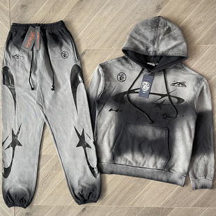 Hellstar Studios Grey Hoodie 洗水男女休闲连帽卫衣长裤套装