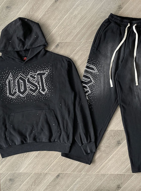 Lost intricacy  Hoodies 镶钻洗水休闲连帽卫衣长裤套装