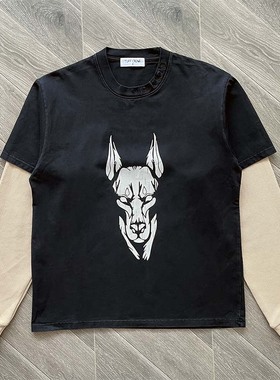 TUFF CROWD  Tee 领口刺绣狗头印花假两件长袖T恤欧美潮