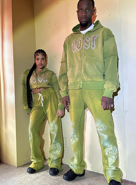 Lost intricacy Green Rhinestone Zip UpHoodie洗水拉链连帽卫衣