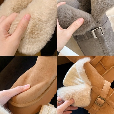 增高8cm~葡萄妈同款厚底毛毛翻边两穿加绒保暖棉鞋中长筒雪地靴女