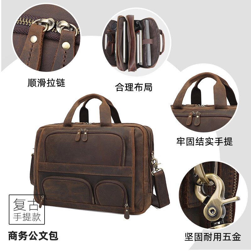 2026春夏欧美跨境男士公文包定制真皮商务包复古斜挎包头层牛皮