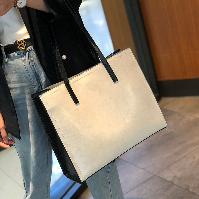 yuqixuan真皮女包大包包女大容量撞色单肩包女时尚通勤手提包感