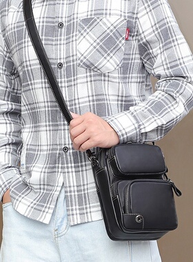 2026春夏新款休闲真皮斜挎包男牛皮多口袋单肩包手提7.9寸iPad包