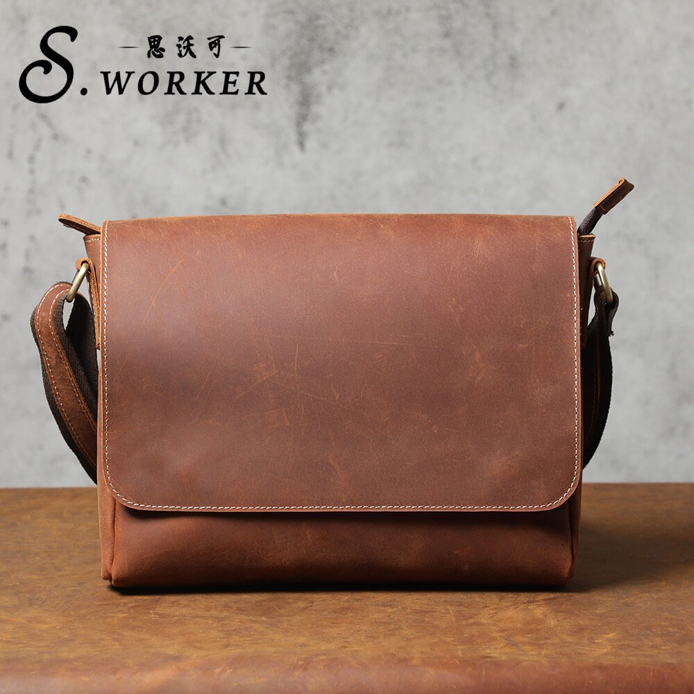 2026思沃可 手工疯马皮休闲邮差包男真皮单肩斜挎包牛皮复古通勤