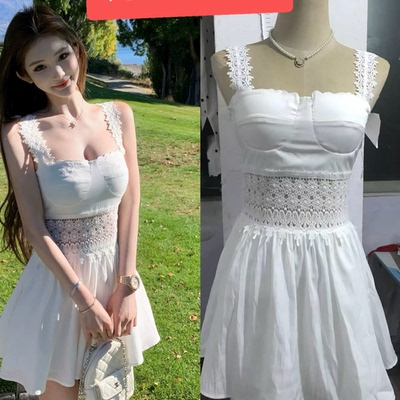 JMSHOP铃白织夏蕾丝花边天丝亚麻小白裙