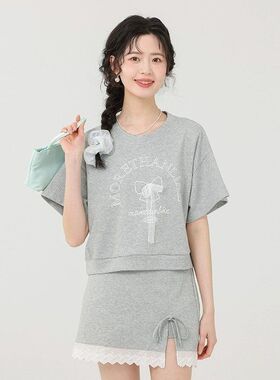 甜美学院风女夏季新款短袖印花t恤高腰花边半身裙两件套装