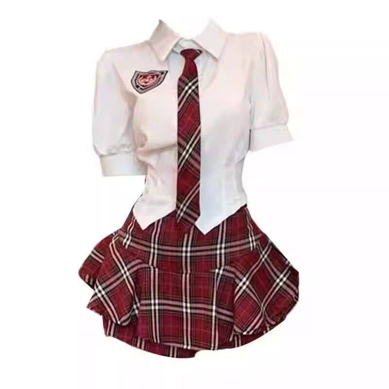 夏季新款美式甜心套装学院风甜辣妹jk制服收腰衬衫上衣红色格子裙