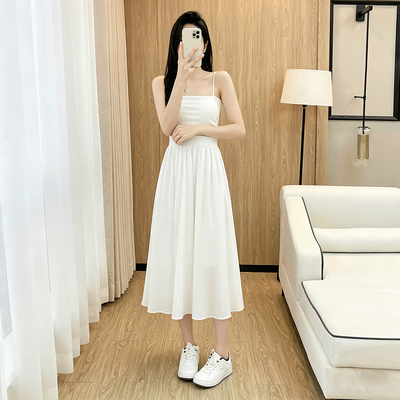 纯欲小个子长裙夏季法式吊带裙女收腰遮肚白色仙女连衣裙中长款