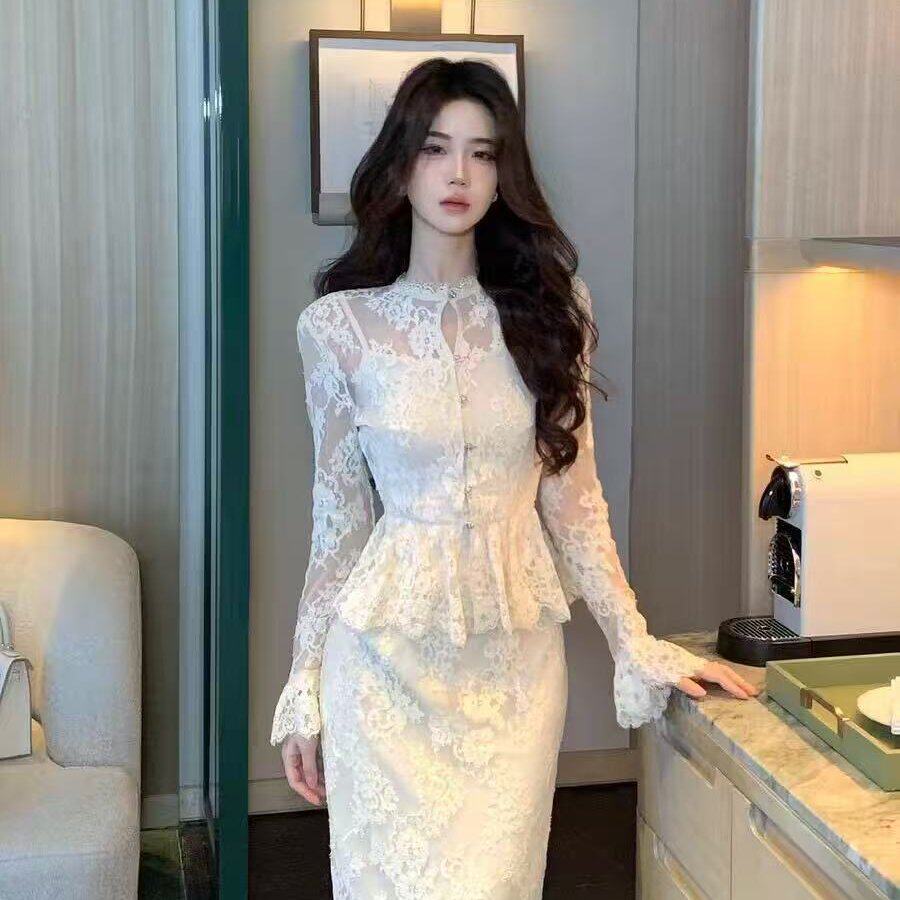 木子李的李皎月凝霜早秋优雅修身蕾丝套装长袖收腰直筒半身裙