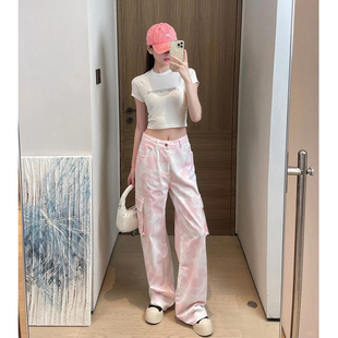 多巴胺工装牛仔裤女2025年新款迷彩扎染粉百搭高腰休闲束脚阔腿裤