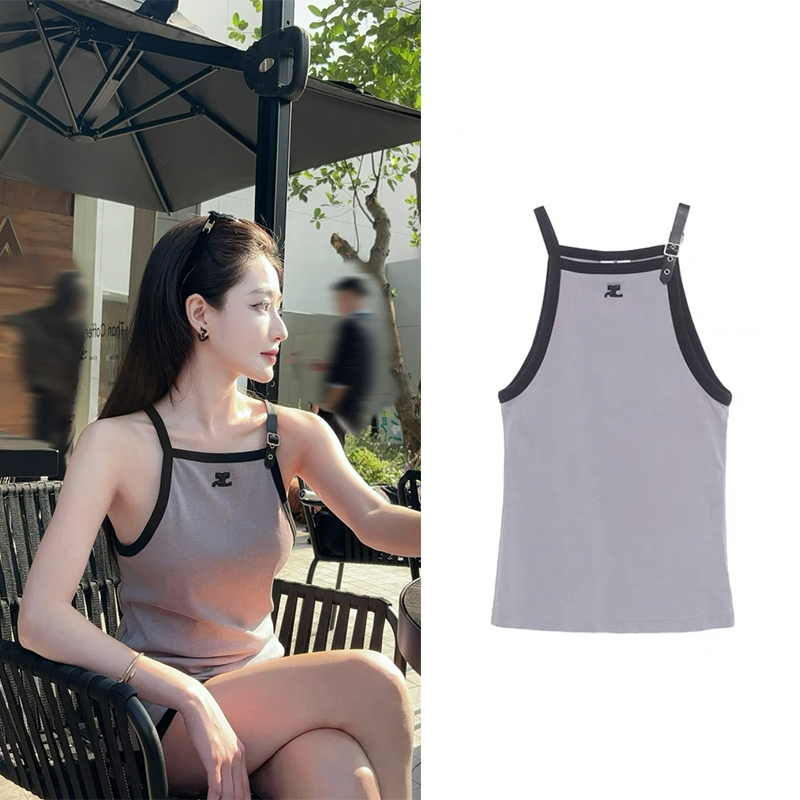 撞色字母皮扣肩带吊带背心2025年夏季新款t恤显瘦小众辣妹上衣女