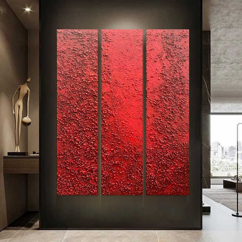 MHD手绘红色《顺风顺水》砂岩肌理油画双联油画长条装饰画玄关画