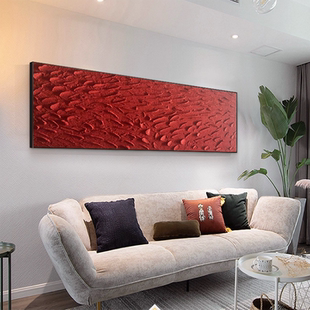 MHD手绘油画《财运兴旺》抽象画横板红色砂岩肌理画客厅玄关油画