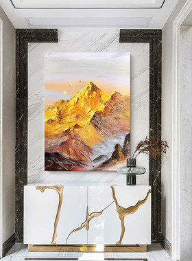 MHD手绘油画橙色日出金山玄关挂画客厅沙发背景装饰画肌理中式画