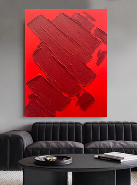 MHD手绘油画《步步高升》红色油画客厅玄关装饰画酒店前台抽象画