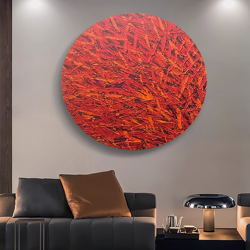 MHD手绘油画《财源广进》圆形油画红色客厅装饰画沙发肌理抽象画图片