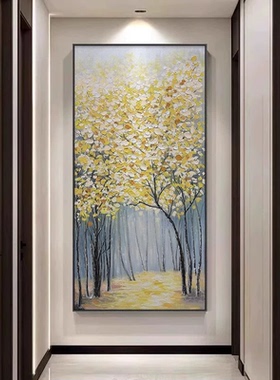 MHD纯手绘油画竖版发财树油画走廊电梯背景沙发民宿客厅玄关挂画