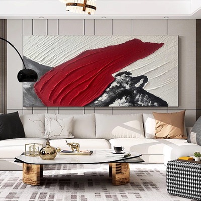 MHD手绘油画《福运到家》红色肌理走廊玄关画抽象横板装饰沙发画