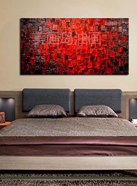 MHD手绘油画《满地红》客厅装饰画红色简约餐厅沙发横板肌理油画