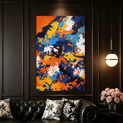 MHD手绘油画《焰海狂澜》蓝橙撞色抽象立体肌理玄关客厅装饰挂画