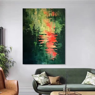 MHD手绘油画绿色艺术画客厅竖版设计大厅酒店肌理沙发书柜背景画