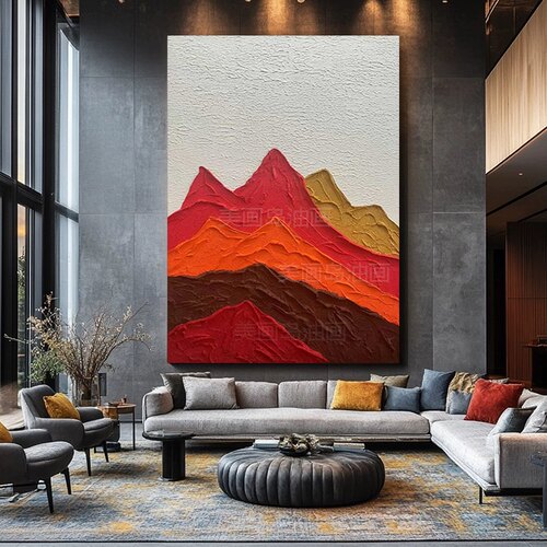 MHD手绘油画《背有靠山》高级感客厅背景墙挂画红色画玄关装饰画