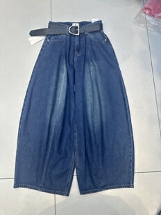 br66670正品 女汽球褲 2025秋高腰寬松休閑彎刀褲 高腰藍(lán)色牛仔長褲