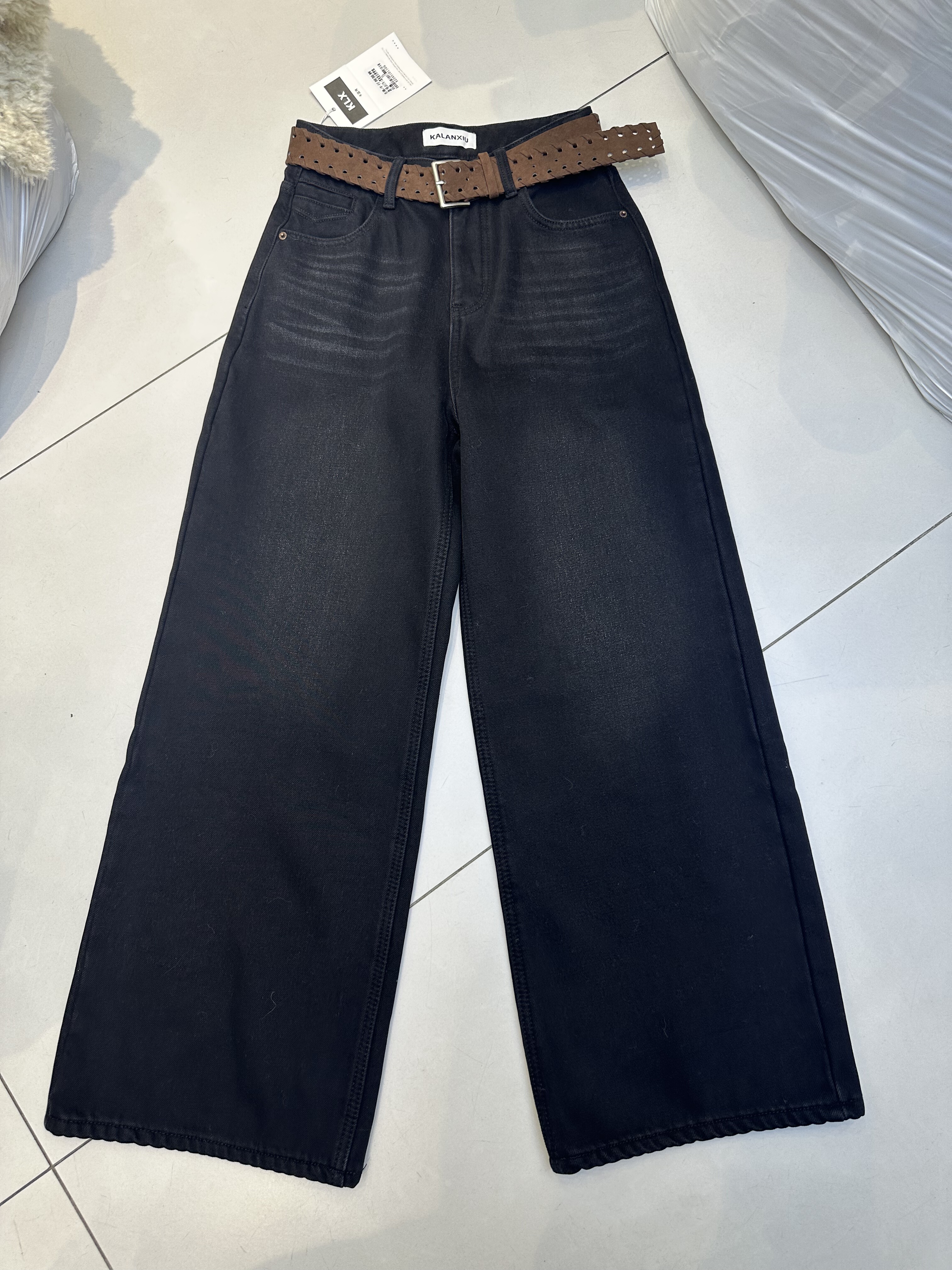 KLX卡蓝秀91176-1复合绒黑灰色牛仔裤阔腿裤女2025冬新百搭显瘦潮