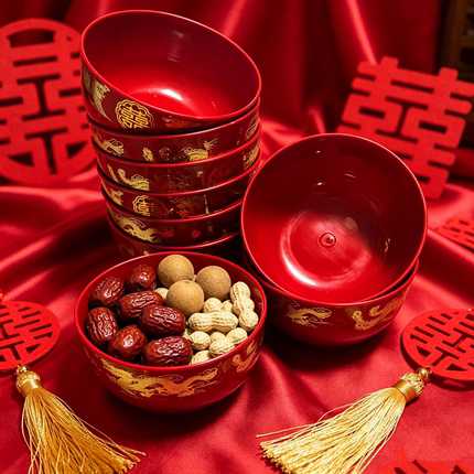 中式婚庆红色塑料碗龙凤描金双喜碗结婚新人吃饺子红碗嫁娶陪嫁碗