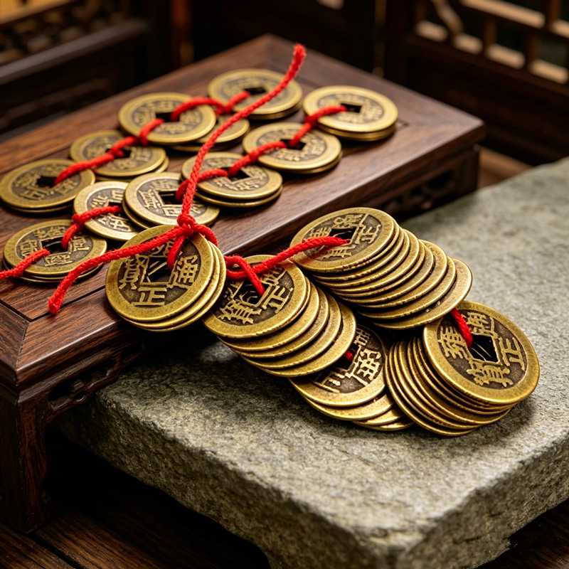 清朝雍正通宝仿古铜币纯铜古钱币摆件结婚喜庆红绳五帝钱配饰道具
