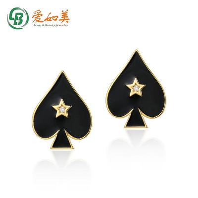 欧美简约滴油五角形白锆黑桃爱心银耳钉纸牌扑克镀金耳环女