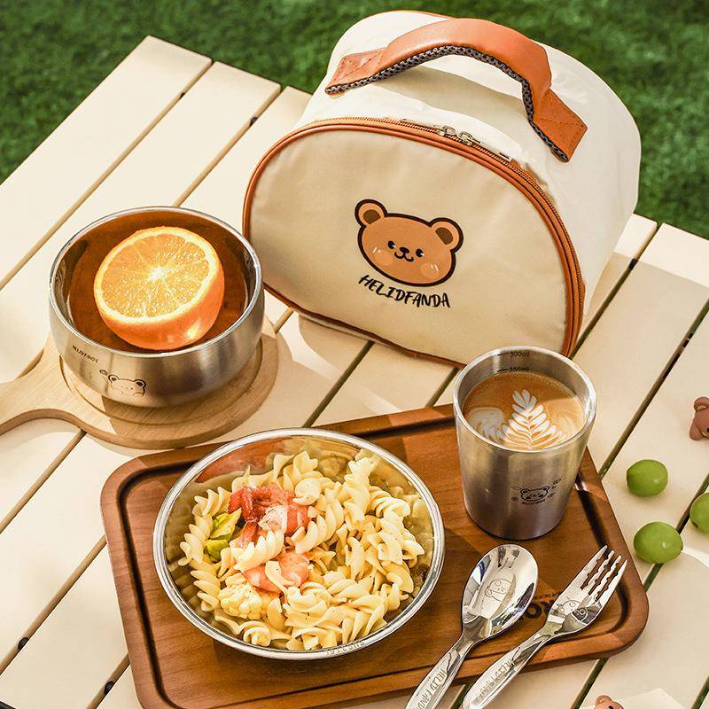 户外野餐餐具套装不锈钢卡通碗盘子杯子叉勺便携五件套礼品
