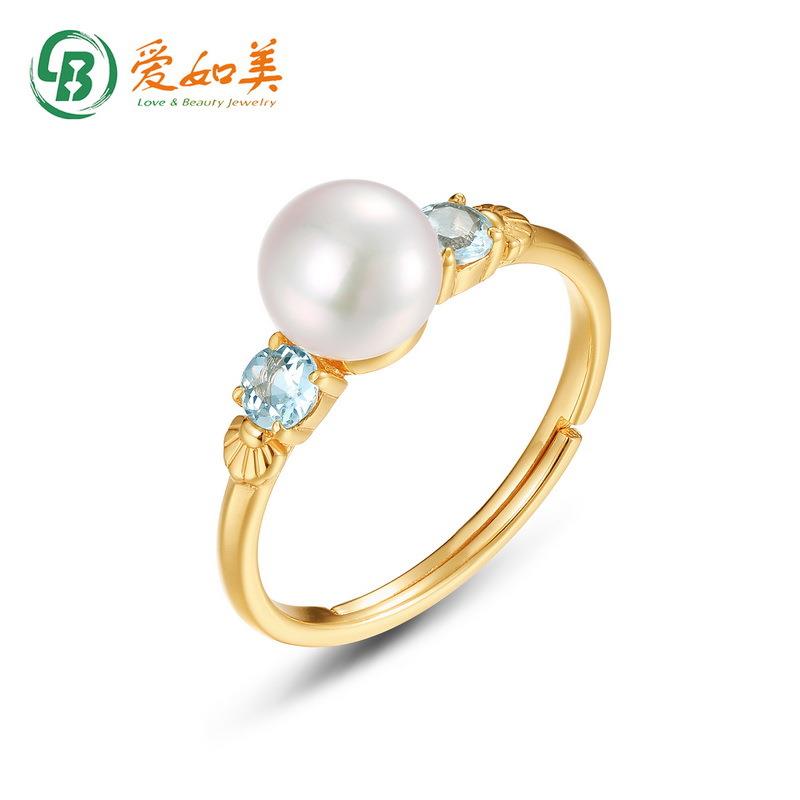 新款时尚简约天空蓝托帕石戒指法式复古纯银镀金珍珠指环
