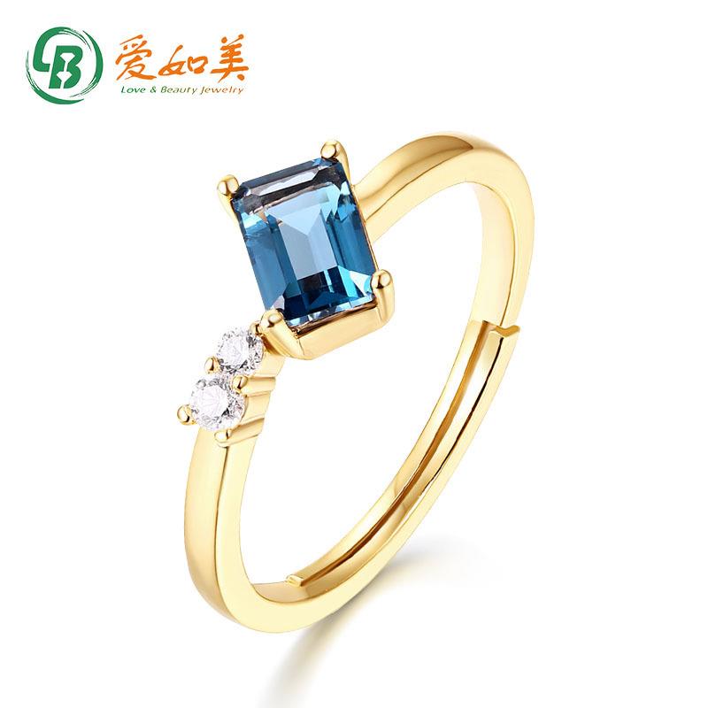 简约时尚纯银镀黄金指环蓝托帕方块戒指女送闺蜜女友手饰品