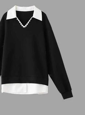 印象报社大洪翻领假两件卫衣秋休闲减龄拼接宽松套头上衣女