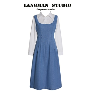 新款 2023拼接收腰显瘦连衣裙 港风复古假两件牛仔裙女春季